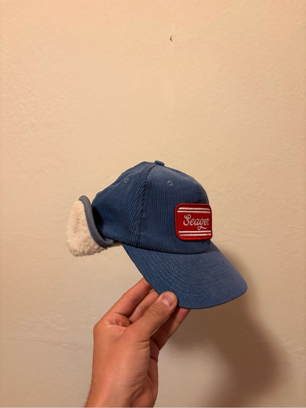 Seager Blue Corduroy Cap with Sherpa Ear Flaps